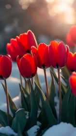 Red Tulips Backlit by Golden Sunrise Through Frost.