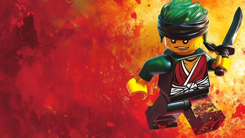 Lego ninja warrior leaps through blazing scarlet chaos.