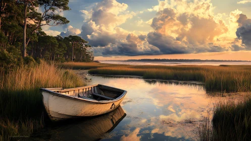 Weathered rowboat rests in golden marsh sunset light.