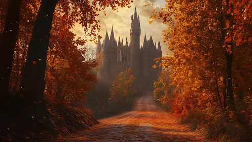 Autumn forest path leading toward misty gothic castle.