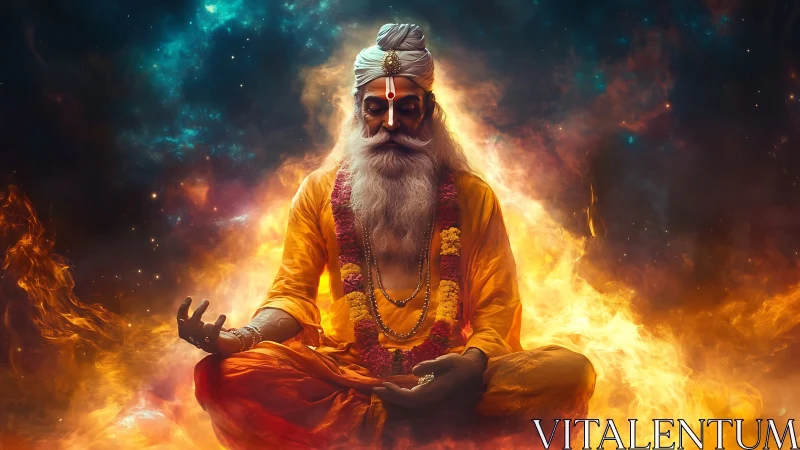 Mystical guru meditating amid fiery cosmic energy field.