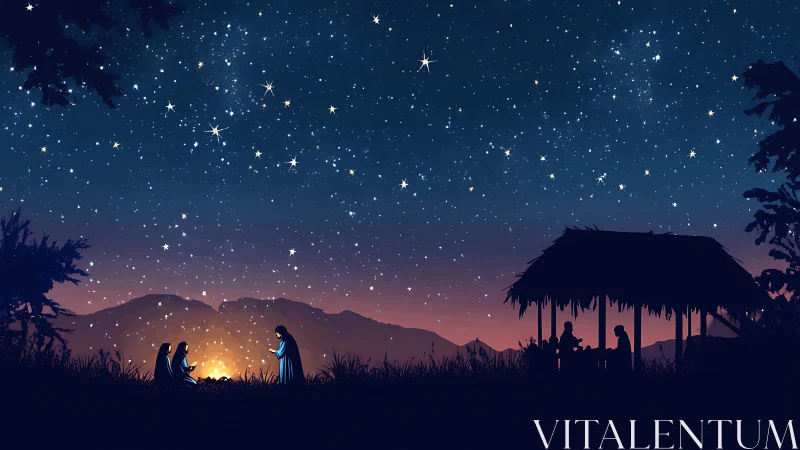 Nativity silhouettes rest beneath a vast glowing starfield night