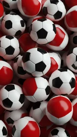 Pile of black white and red soccer balls in tight cluster.