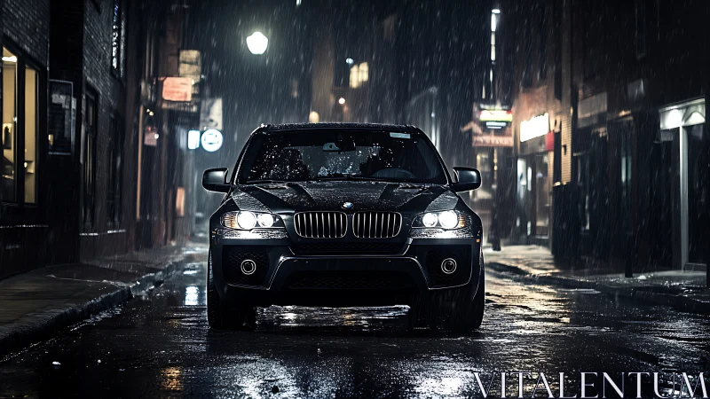 Sleek black SUV glows softly on a rainy city night street