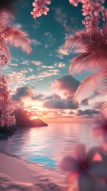 Dreamy pink sunset cove with tranquil tropical waters.