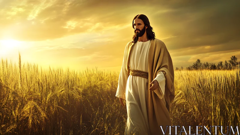 Serene robed figure walking through sunlit golden wheat field.