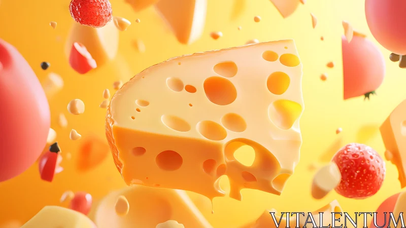 Floating Swiss cheese with strawberries and tomatoes in surreal style.