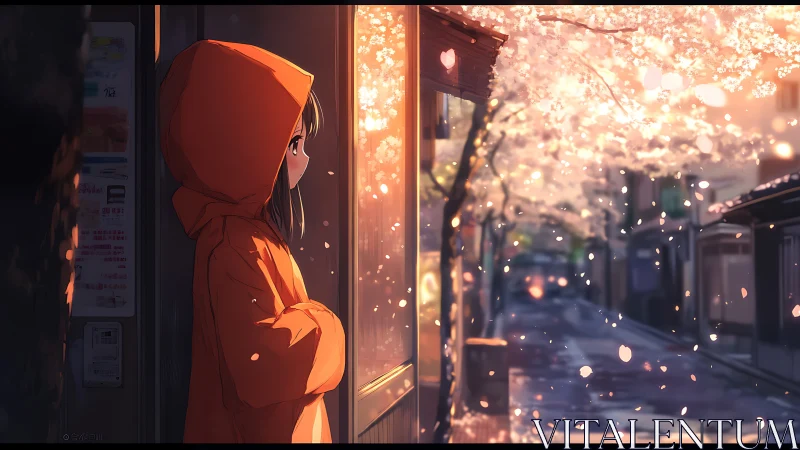 Girl in orange raincoat watching glowing cherry blossoms.