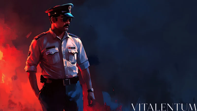 Stoic police officer amid fiery crimson backlight.