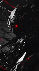 Dark angular mech figure with red eye on black background.