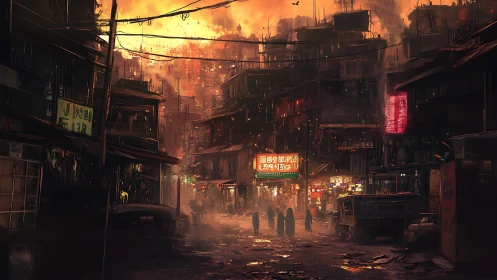 Dystopian neon alley compresses depth under incendiary skyline