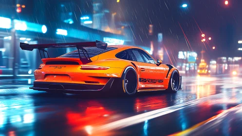 Neon storm racer carving liquid light through midnight rain.