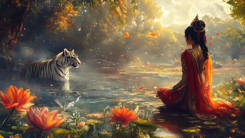 Mystic woman meets white tiger beside lotus pond at dawn