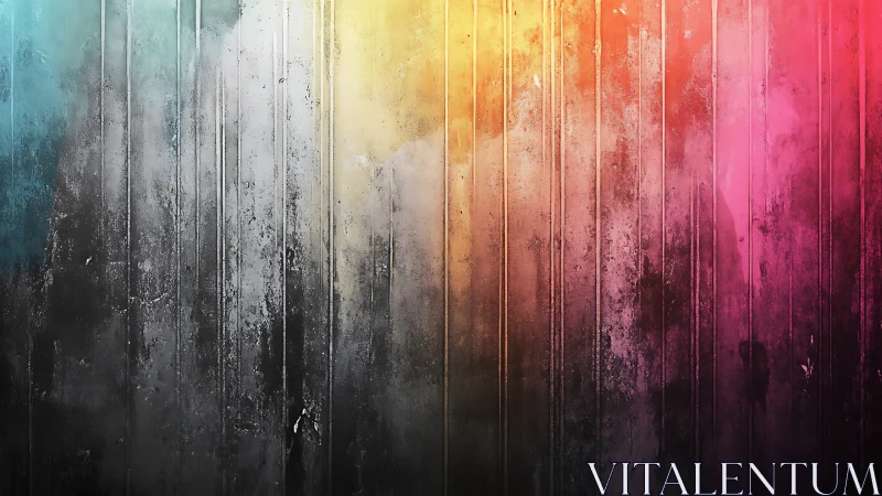 Weathered rainbow wall with softly glowing color streaks.