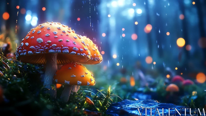 Glowing toadstools illuminate rain soaked forest floor