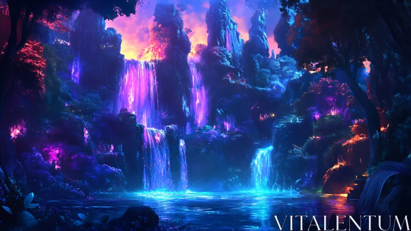 Luminescent waterfalls in dense forested canyon at dusk.