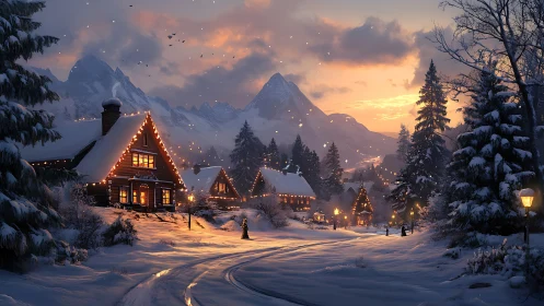 Snowlit chalet village glows beneath ember-tinted mountains.