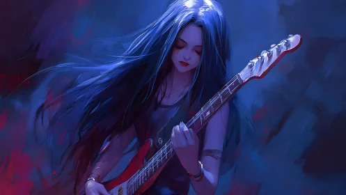 Blue-lit guitarist rendered in high-saturation digital brushwork