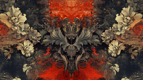 Baroque floral symmetry over erosive crimson-umber strata.