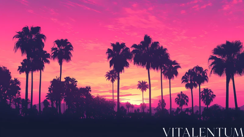 Neon gradient sunset silhouettes tall palm tree skyline composition