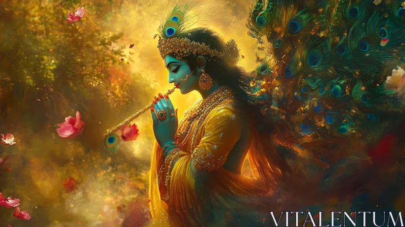 Divine flute player amid glowing forest and peacock aura.