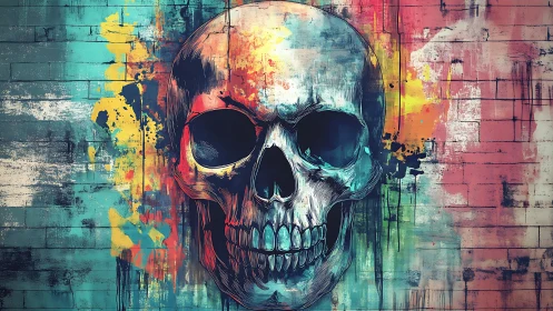 Chromatic skull mural with expressive splatter textures.