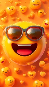 Sunglassed mega-emoji surfing a bubbly heartburst sky.