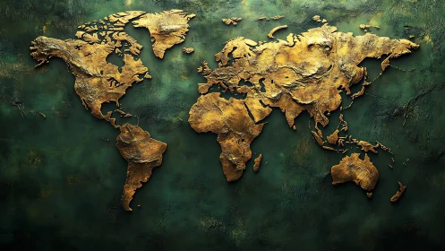 Textured gold world map relief on dark green surface.