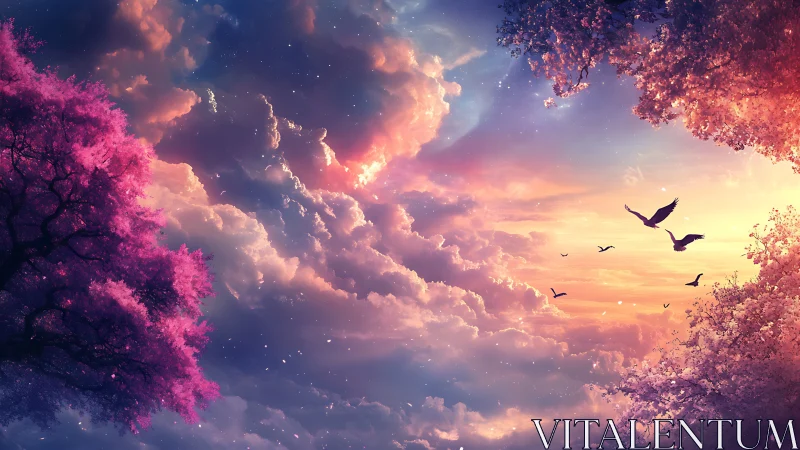 Dreamlike sunset sky unfolds above glowing pink blossoms.