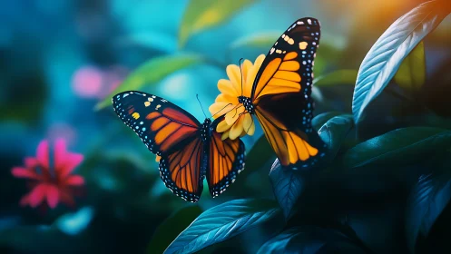 Bicolor monarch butterflies on yellow bloom in soft bokeh garden