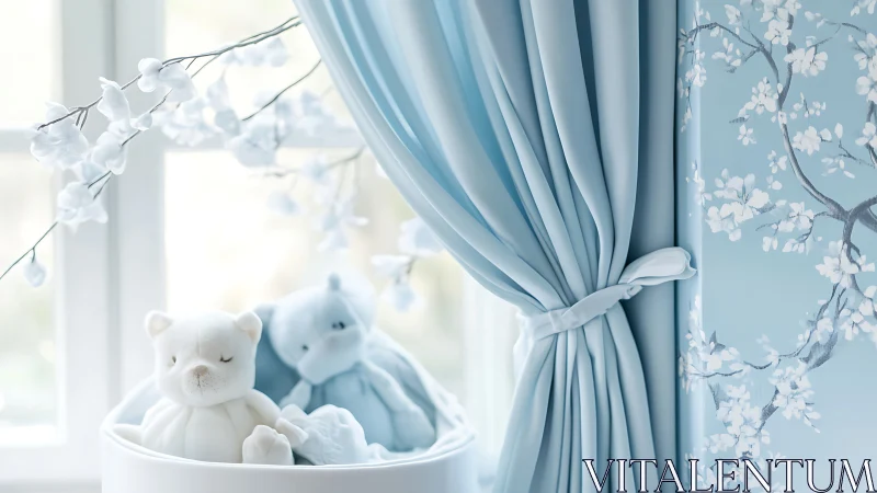 Soft blue nursery window showcases plush toys and draped curtain