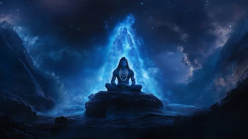 Cosmic ascetic meditating before radiant nebula gateway.