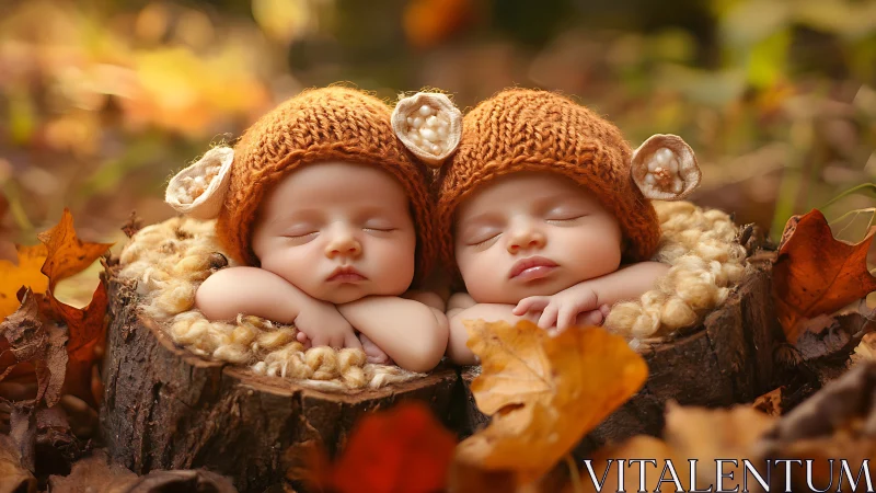 Twin newborns in autumn forest stump cradles, sleeping peacefully.