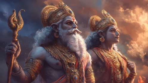 Regal celestial guardians glowing in sunset skies.