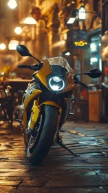 Yellow sport motorcycle parked on wet cobblestone street.