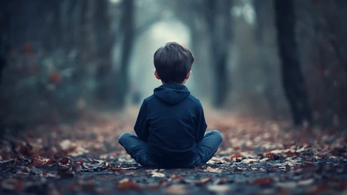 Quiet forest daydream wraps a small boy in soft blue hush