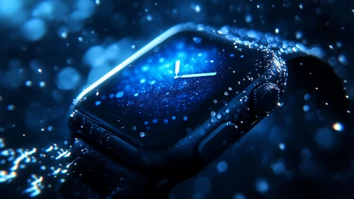 Smartwatch display is shown under water droplets in blue light