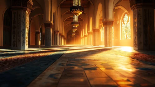 Digital painting of sunlit Islamic arcade interior perspective.