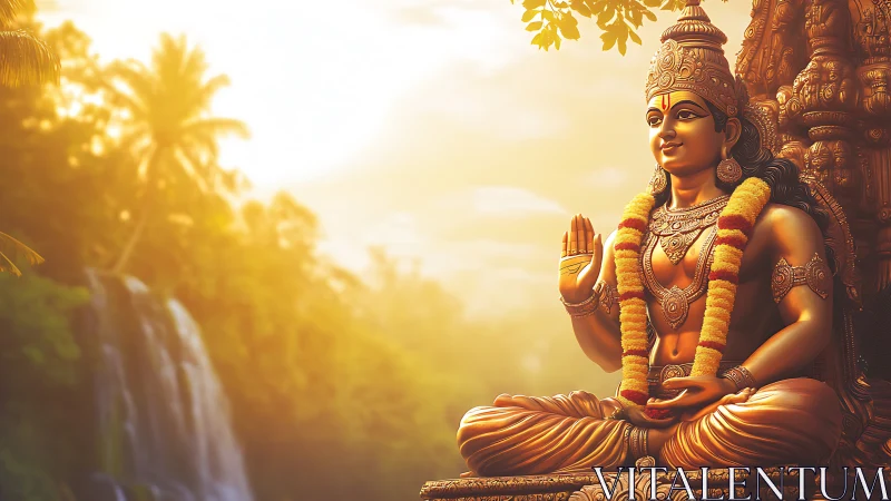 Golden seated deity statue before tropical waterfall landscape.