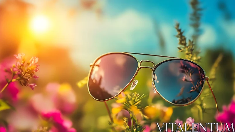 Sunglasses rest among bright flowers in vivid summer light