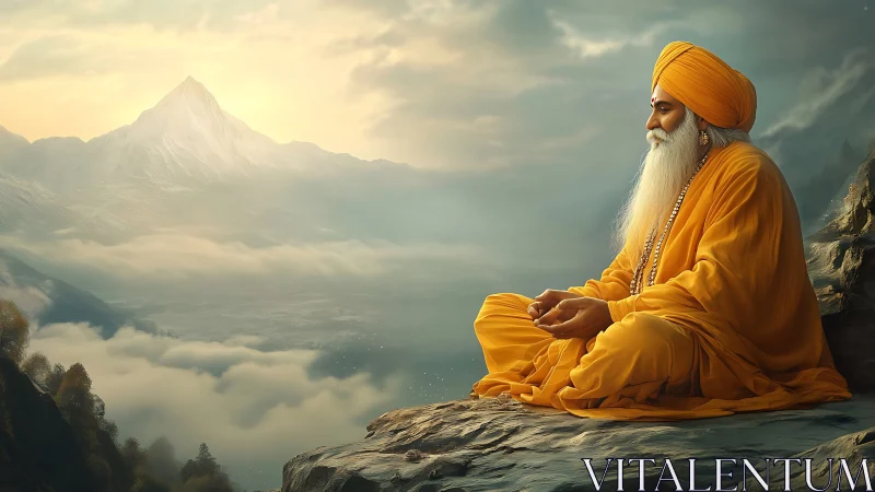 Himalayan sage in chromatic saffron meditation, volumetric light.