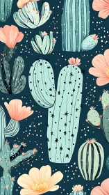Desert Cacti Pattern with Blooming Flowers