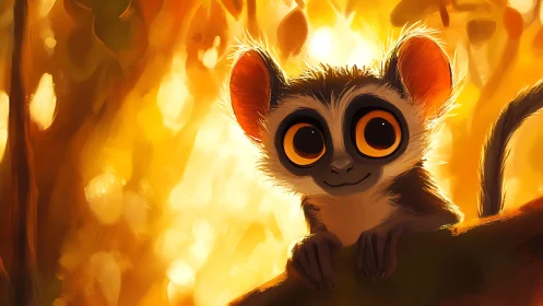 Wide-eyed lemur rests on sunlit branch in glowing forest