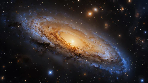 Golden spiral galaxy glowing softly in a star-filled night sky.