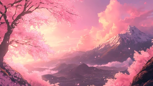 Sakura valley at sunrise with glowing alpine ridge and clouds.