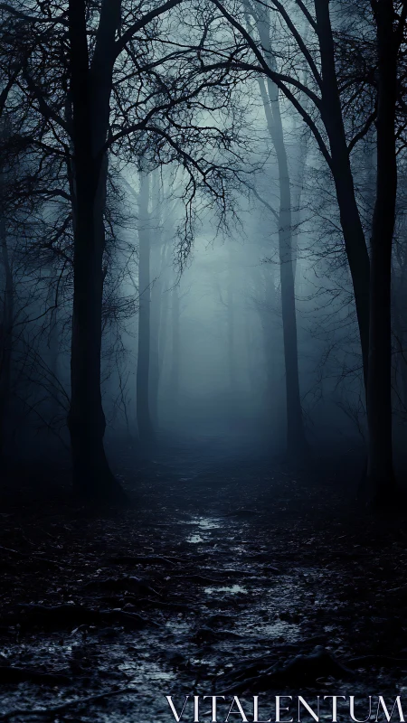 Nocturnal fog corridor through high-contrast deciduous forest.