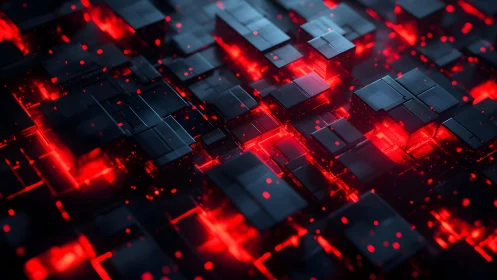 Futuristic black cubes with glowing red highlights in digital style.
