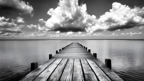 Quiet lakeside pier stretching into soft, dreamlike clouds.