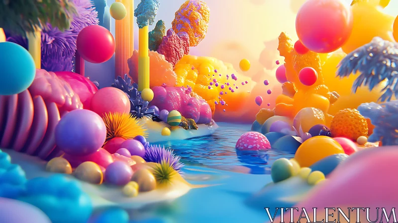 3D chromatic fantasy landscape with fluid river corridor design.