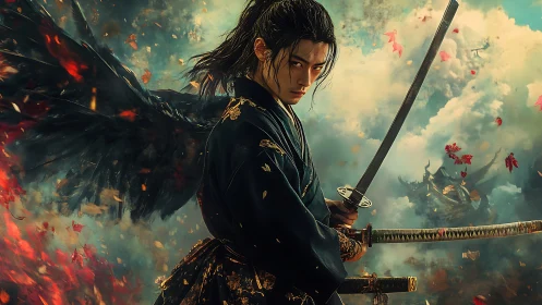 Winged katana duelist in turbulent ember‑lit stormscape.